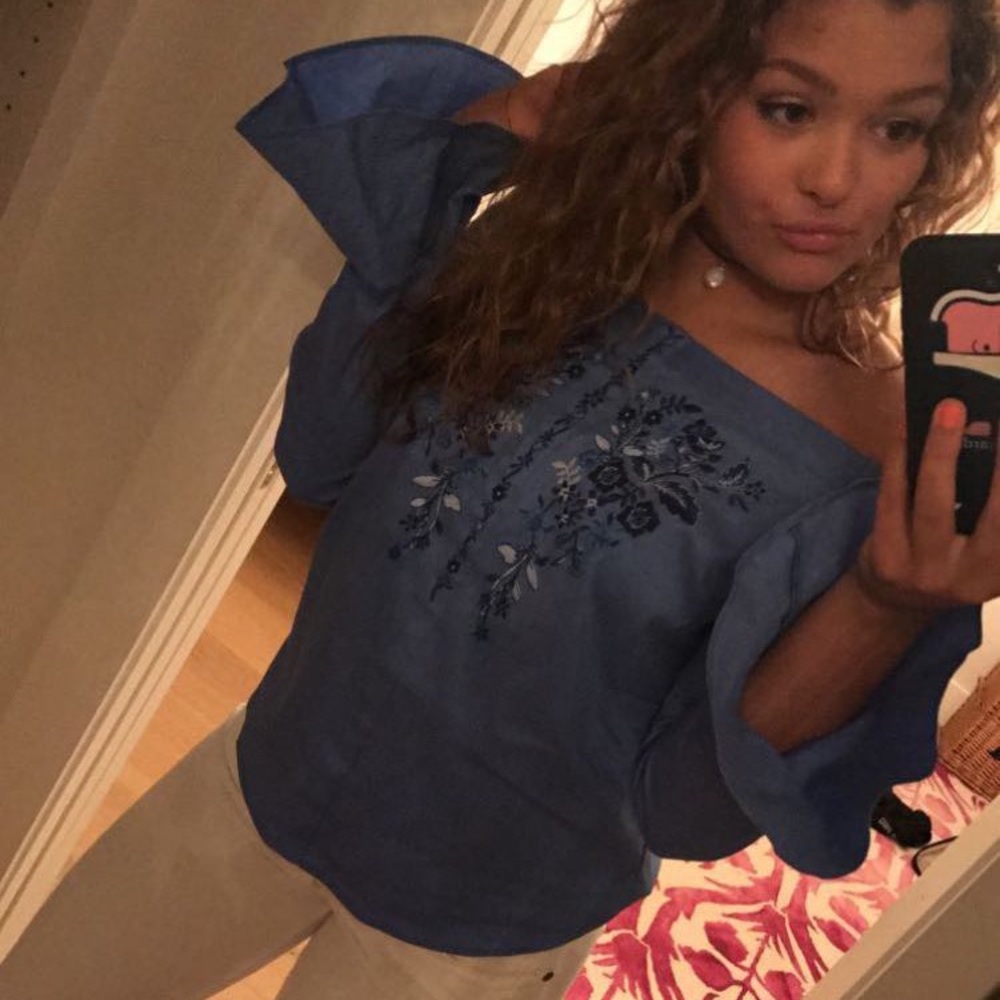 off the shoulder, bell sleeve, blue top